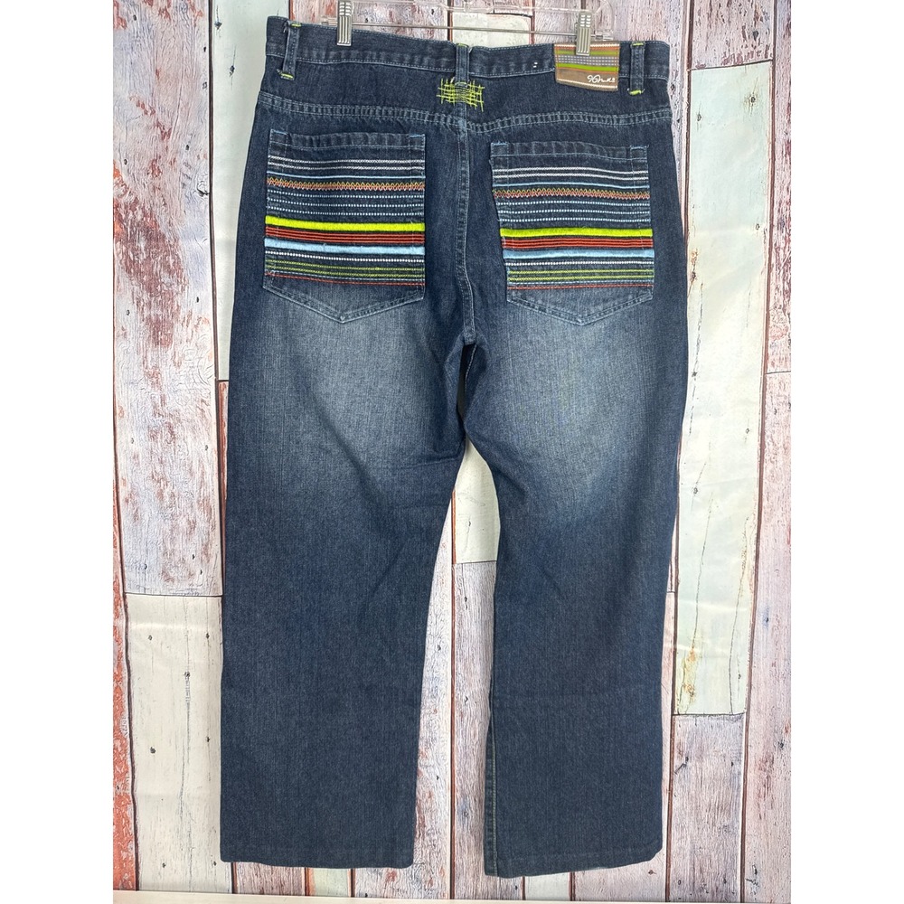 96 North Denim Jeans Baggy Loose W38 L30 Dark Wash Embroidered Men Pockets Skate